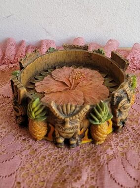 Carved Tiki/Floral/Pineapple Decorative Dish in Pink and Gold Tones